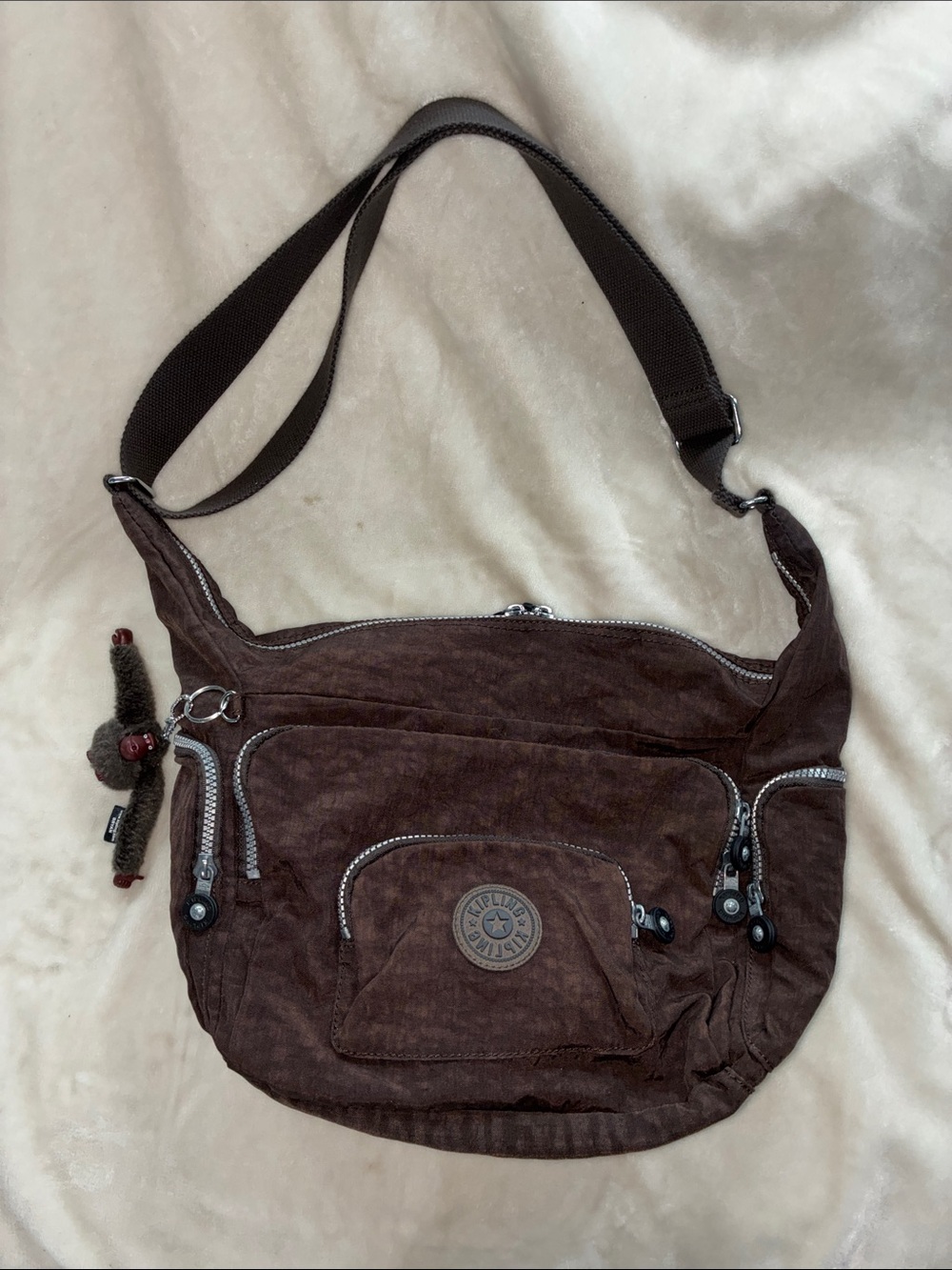 Kipling Chocolate Brown Shoulder Bag with Monkey Keychain